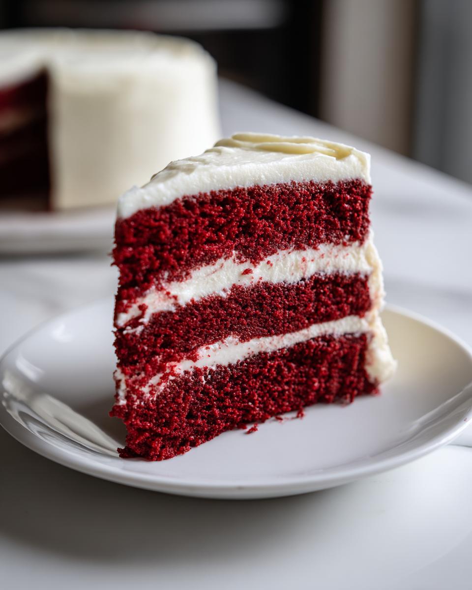 A moist slice of Red Velvet Cake with Cream Cheese Icing, featuring three layers of rich red cake and creamy white frosting.