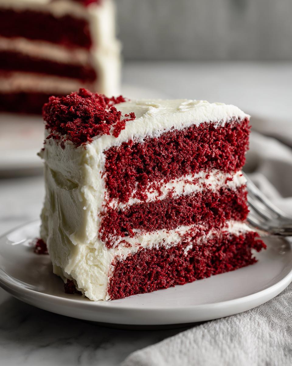 A moist slice of Red Velvet Cake with layers of rich red cake and creamy white cream cheese icing.