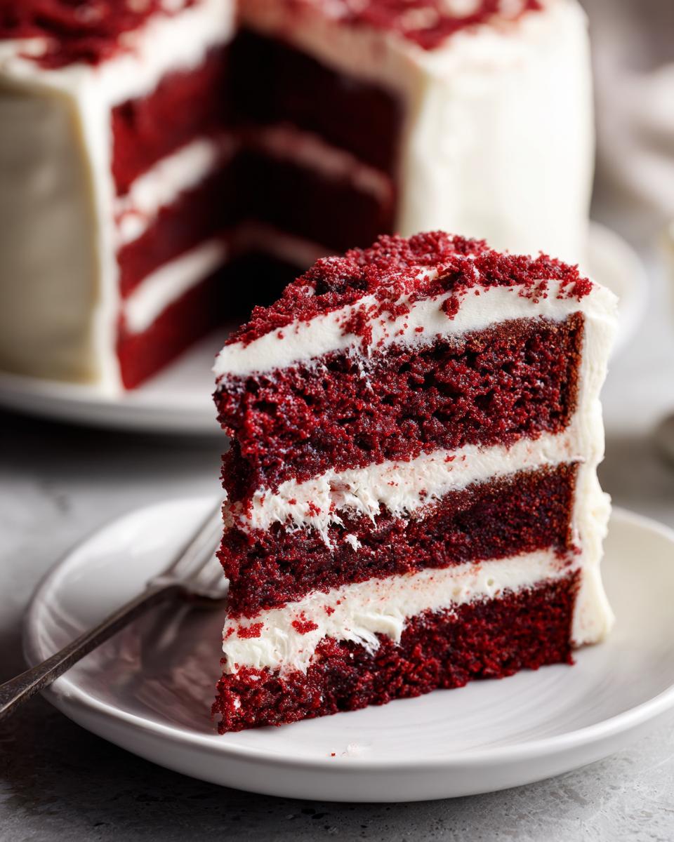 A decadent slice of Red Velvet Cake with Cream Cheese Icing, showcasing its rich red layers and fluffy white frosting.