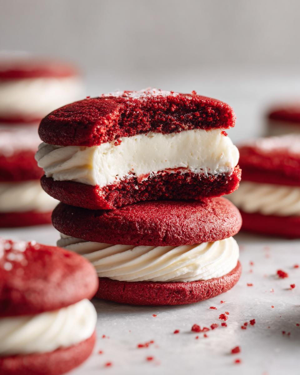Close-up of stacked Red Velvet Cookies with creamy white filling, a delicious dessert.