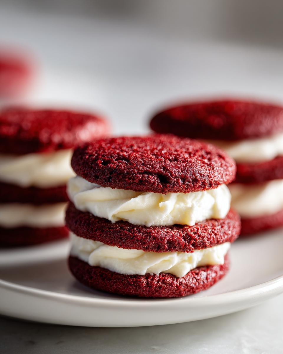 Close-up of stacked Red Velvet Cookies with creamy white filling on a white plate.