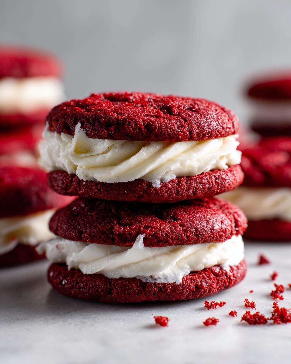 Close-up of two stacked Red Velvet Cookies with white cream filling, showing texture and detail.