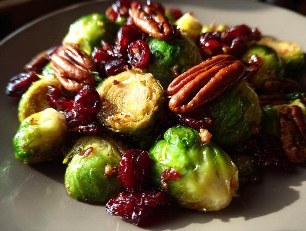 Close-up of delicious Roasted Brussels Sprouts with Cranberries & Pecans on a plate.