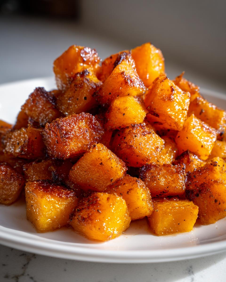 A close-up of a pile of roasted butternut squash cubes, glistening with maple syrup and sprinkled with cinnamon.