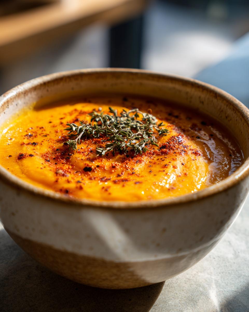 Close-up of a bowl of Roasted Butternut Squash Soup, garnished with herbs and spices.