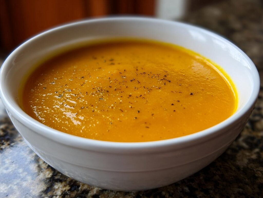 A close-up of a bowl of creamy Roasted Butternut Squash Soup, garnished with herbs.