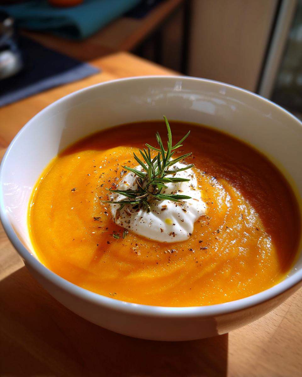Bowl of creamy Roasted Butternut Squash Soup garnished with herbs and cream.