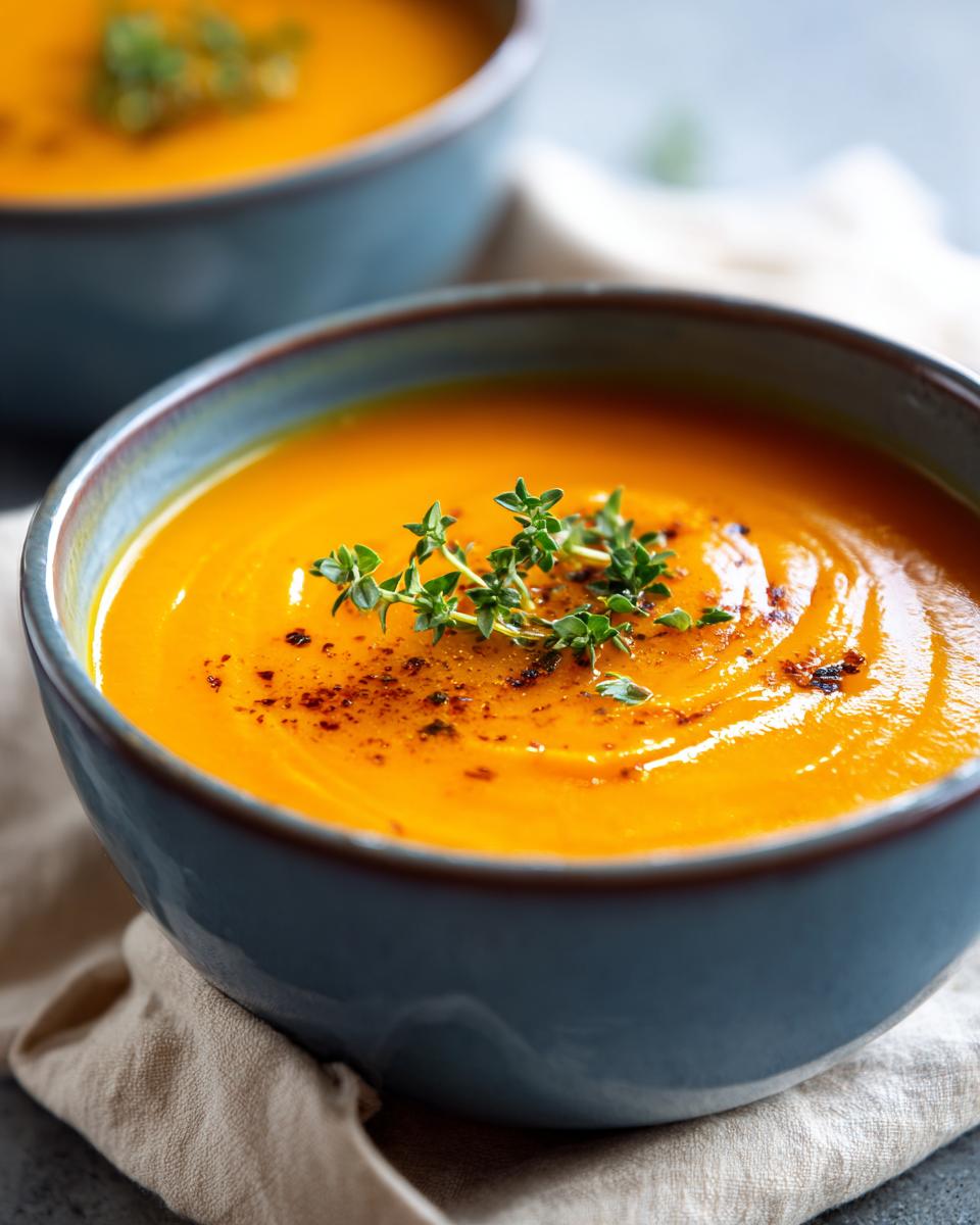 Close-up of two bowls of Roasted Butternut Squash Soup, garnished with fresh herbs.