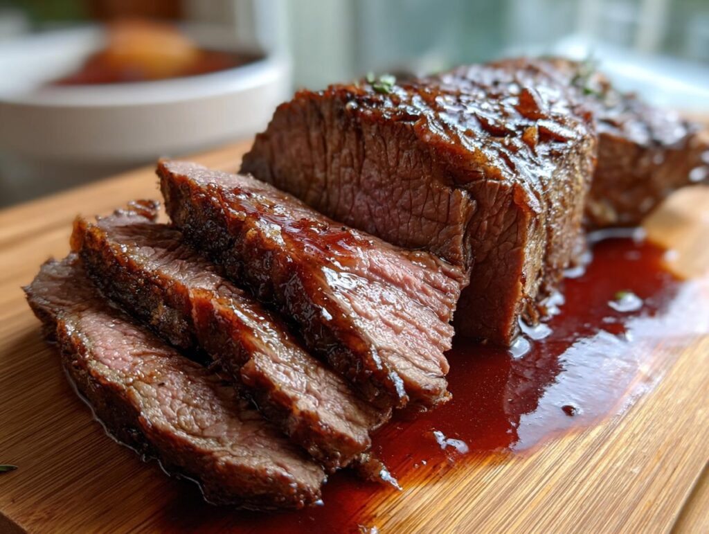 Close-up of sliced Rustic Red Wine Pot Roast, showcasing tender meat and rich sauce.