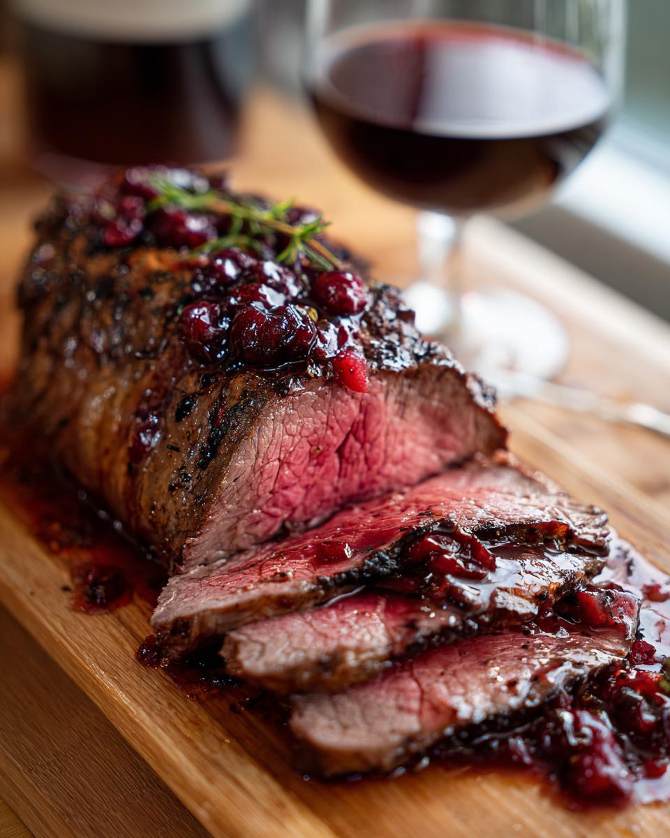 Sliced Rustic Red Wine Pot Roast on a wooden board with sauce and a glass of red wine.