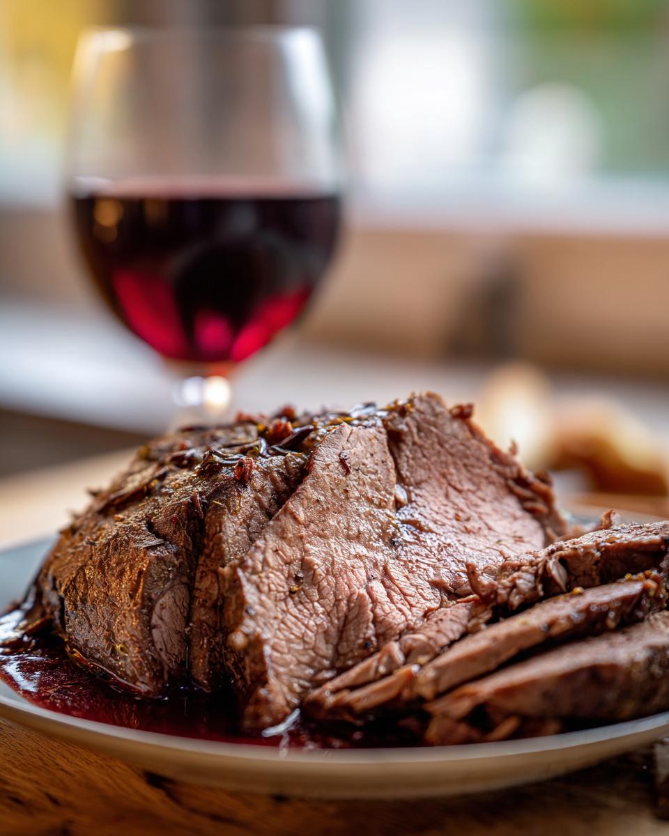 Close-up of sliced Rustic Red Wine Pot Roast on a plate, with a glass of red wine in the background.
