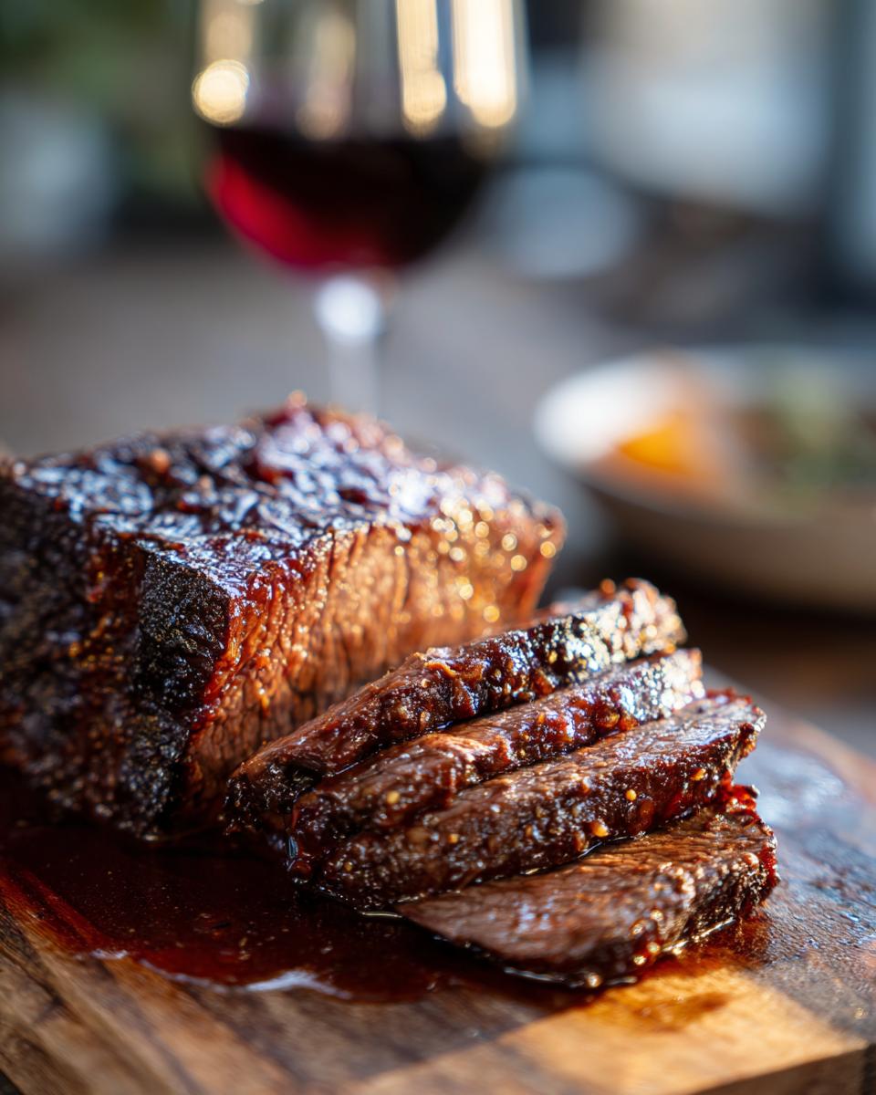 Close-up of sliced Rustic Red Wine Pot Roast on a wooden board, with a glass of red wine in the background.