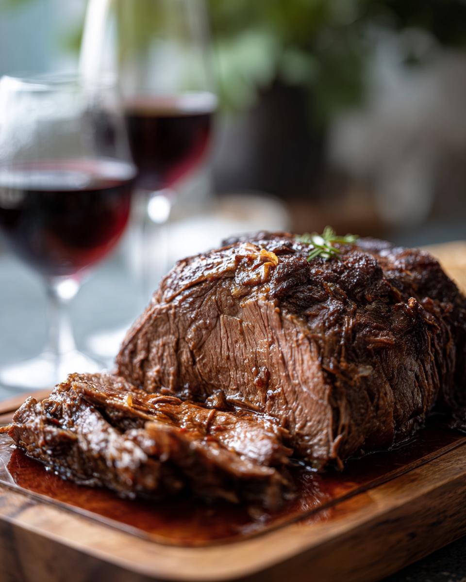 Close-up of sliced rustic red wine pot roast on a wooden board, with glasses of red wine in the background.