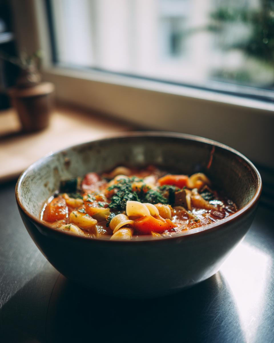 A bowl of delicious Rustic Vegetable Minestrone soup, with pasta and vegetables.