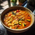 Close-up of a bowl filled with Rustic Vegetable Minestrone soup, featuring vegetables and pasta.