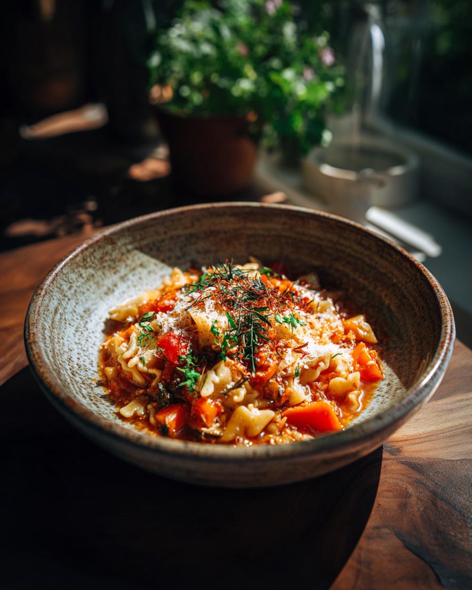 Close-up of a bowl of Rustic Vegetable Minestrone, with pasta and vegetables.