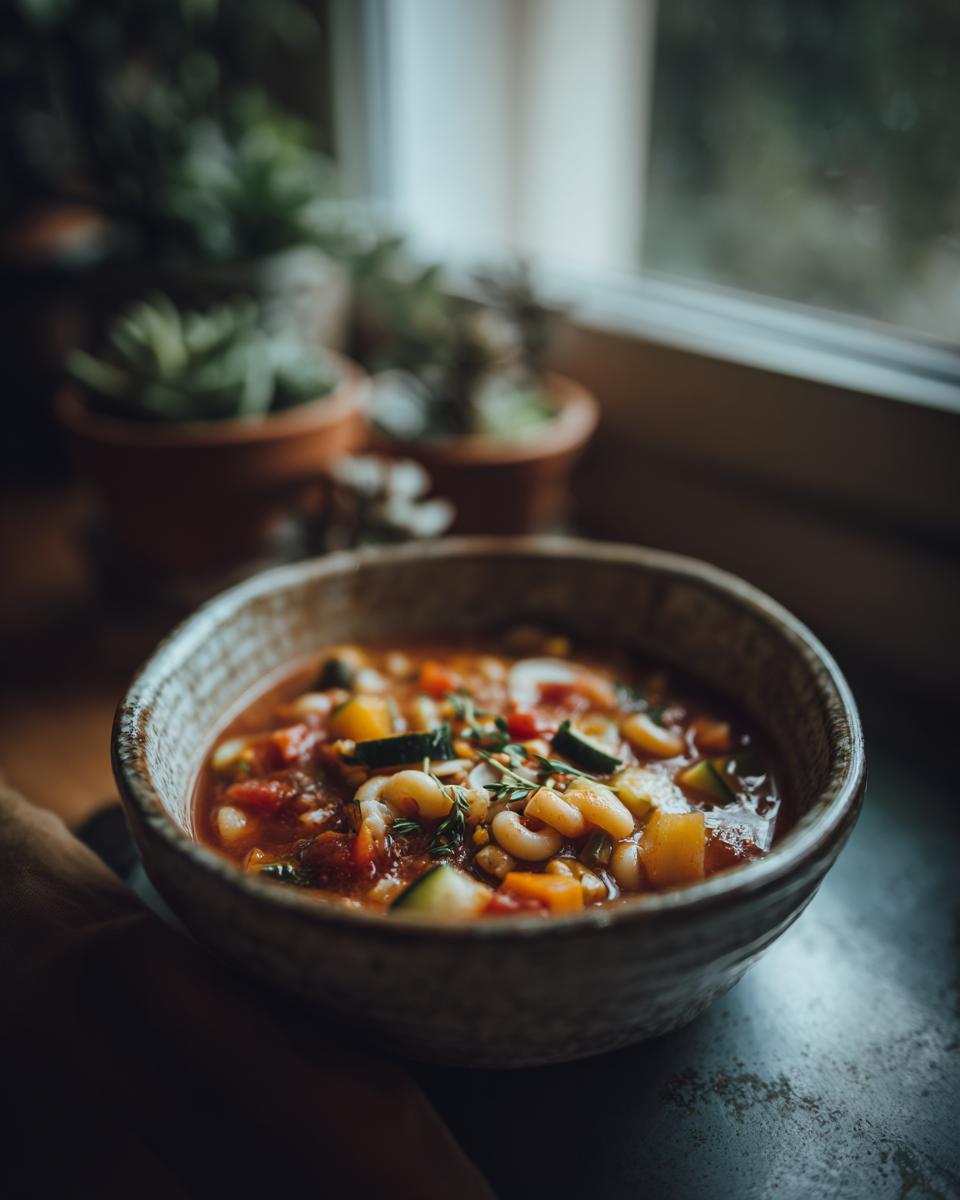Close-up of a bowl filled with Rustic Vegetable Minestrone, featuring pasta and fresh vegetables.