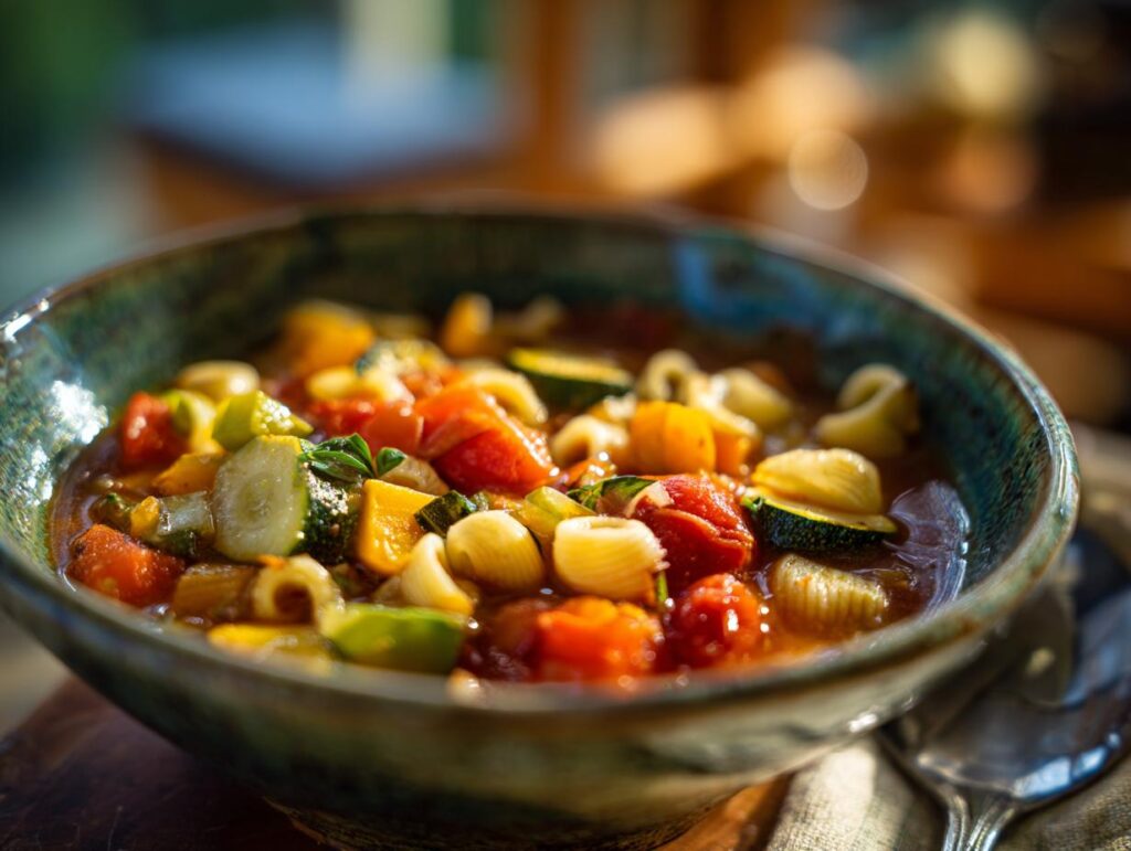 Close-up of a bowl of Rustic Vegetable Minestrone, filled with vegetables and pasta.