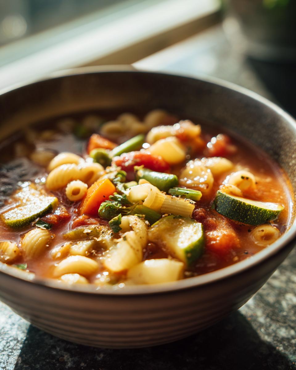 Close-up of a bowl of Rustic Vegetable Minestrone soup with pasta and fresh vegetables.