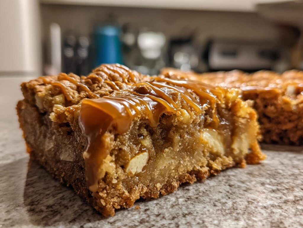 Close-up of a Salted Caramel Pretzel Blondie slice with caramel drizzle.