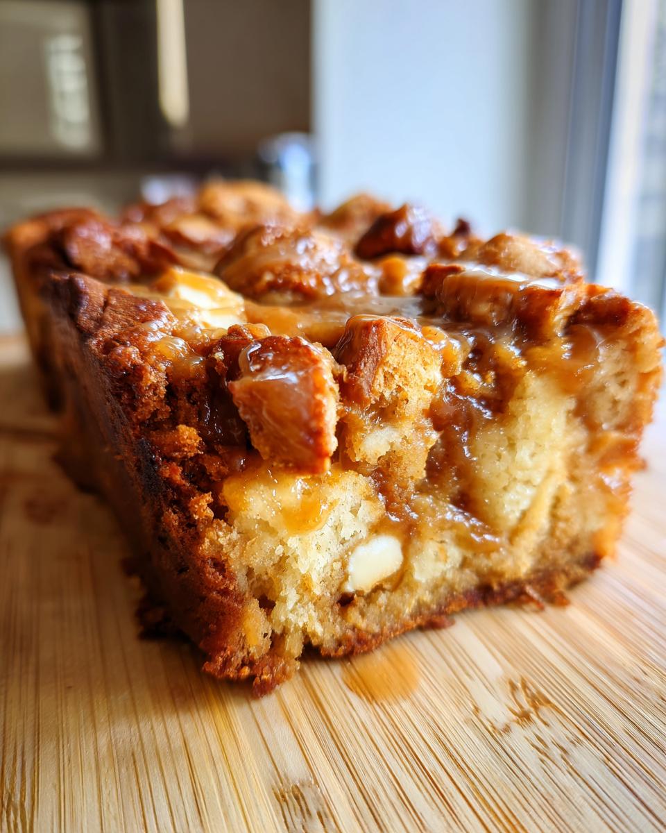 Close-up of a Salted Caramel Pretzel Blondies loaf, showing caramel and pretzel topping.