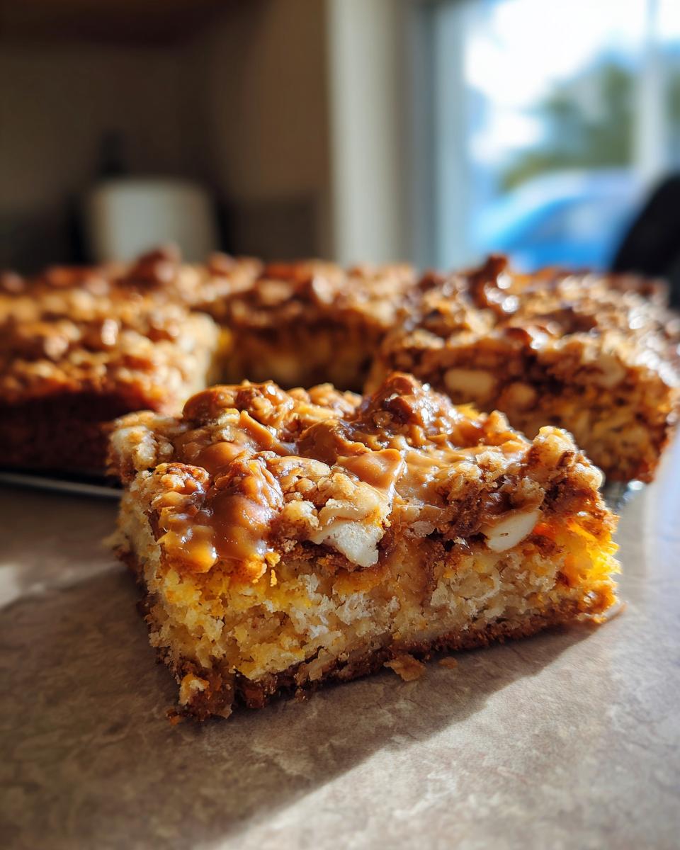Close-up of a Salted Caramel Pretzel Blondie slice, showing caramel, pretzels, and blondie.