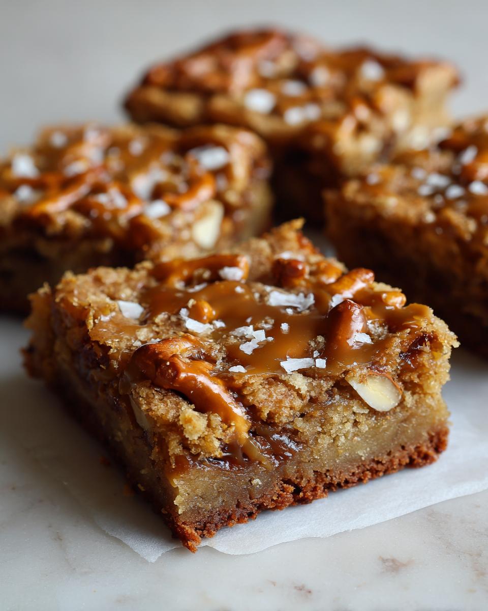 Close-up of Salted Caramel Pretzel Blondies with caramel drizzle and sea salt.