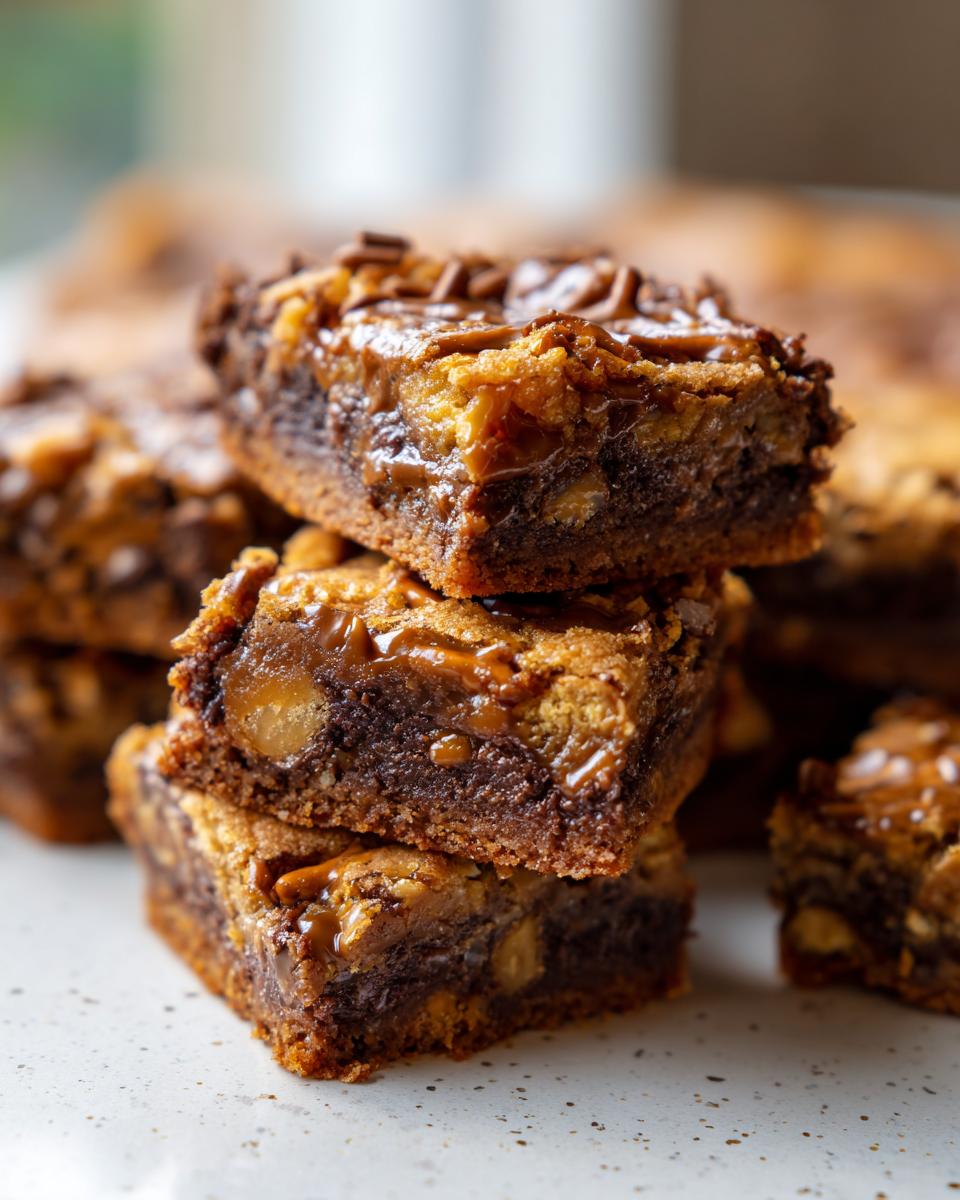 Close-up of a stack of Salted Caramel Pretzel Blondies, showing caramel and pretzel pieces.
