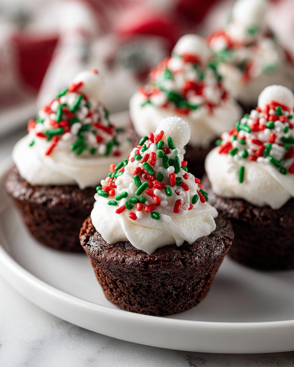 Close-up of Santa Hat Brownie Bites, chocolate brownies topped with white frosting and sprinkles.