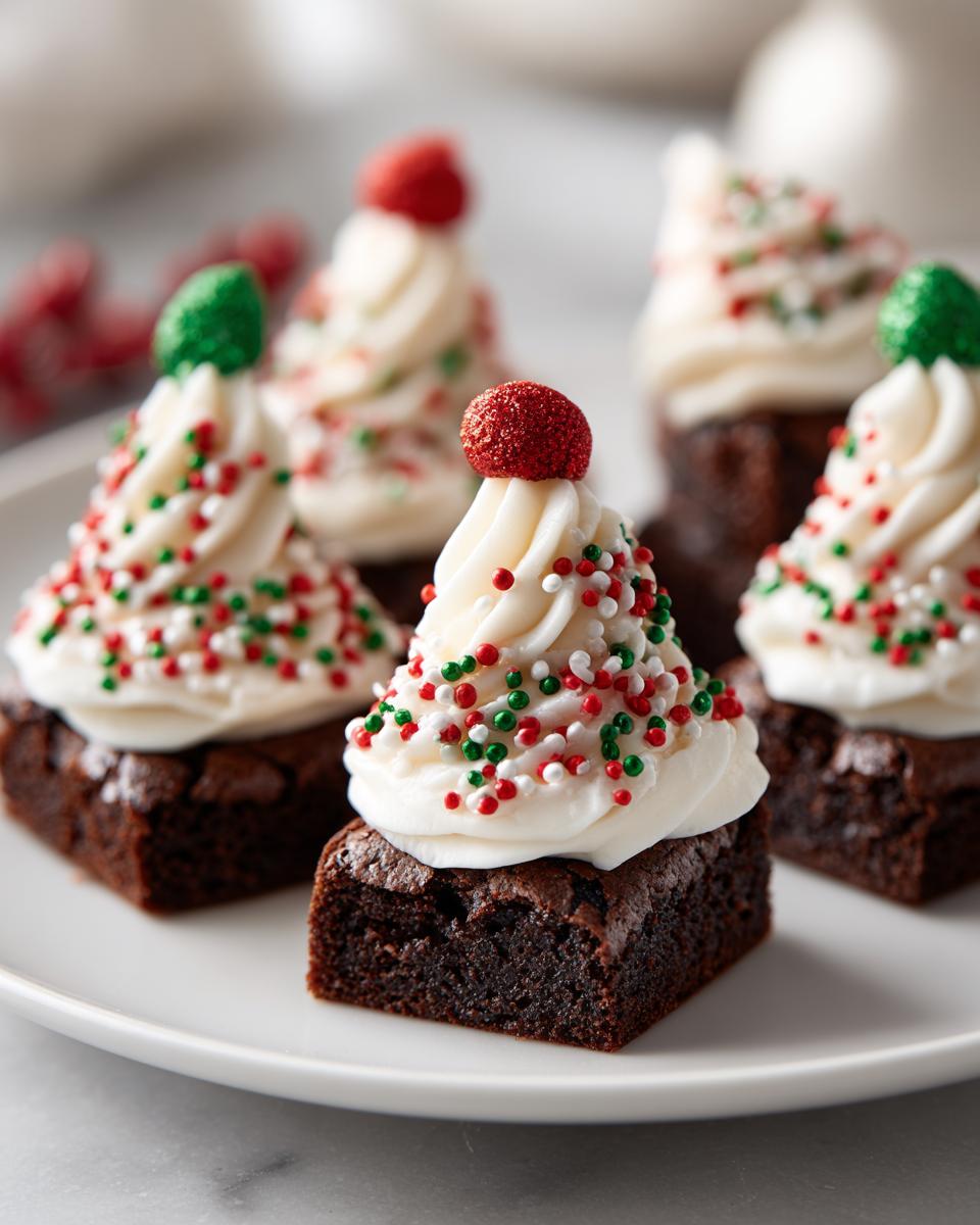 Close-up of Santa Hat Brownie Bites, decorated with frosting and sprinkles, on a white plate. These are the perfect Santa Hat Brownie Bites!