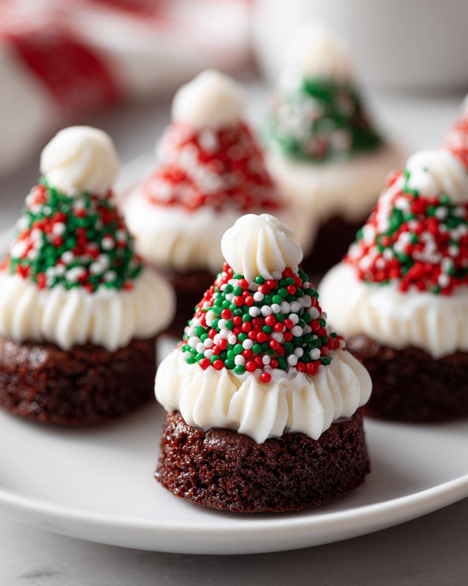 Close-up of adorable Santa Hat Brownie Bites, perfect for Christmas. Decorated with frosting and sprinkles.