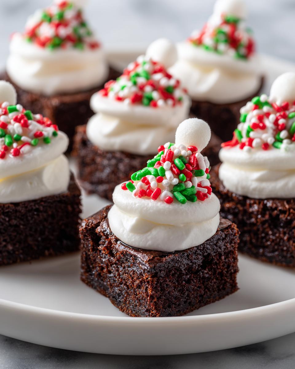 Close-up of Santa Hat Brownie Bites, a festive dessert with brownie base and whipped cream.