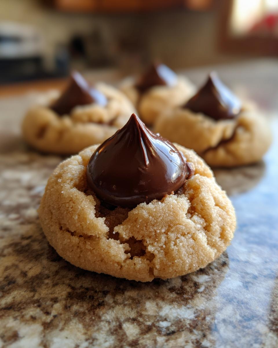 Close-up of Santa's Favorite Peanut Butter Blossoms cookies with chocolate kiss topping.
