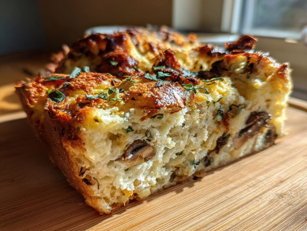 A slice of savory bread pudding with mushrooms and herbs, showing a golden-brown crust and fluffy interior.