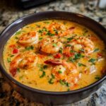 Close-up of a bowl of creamy Seafood Chowder with Shrimp, garnished with herbs.