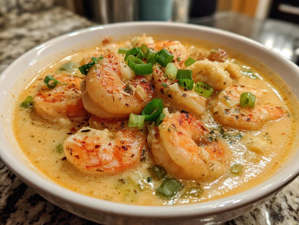 Close-up of a bowl of creamy Seafood Chowder with Shrimp, garnished with green onions.