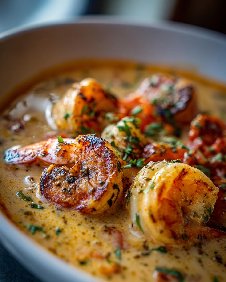 Close-up of Seafood Chowder with Shrimp in a bowl, showcasing the creamy broth and shrimp.