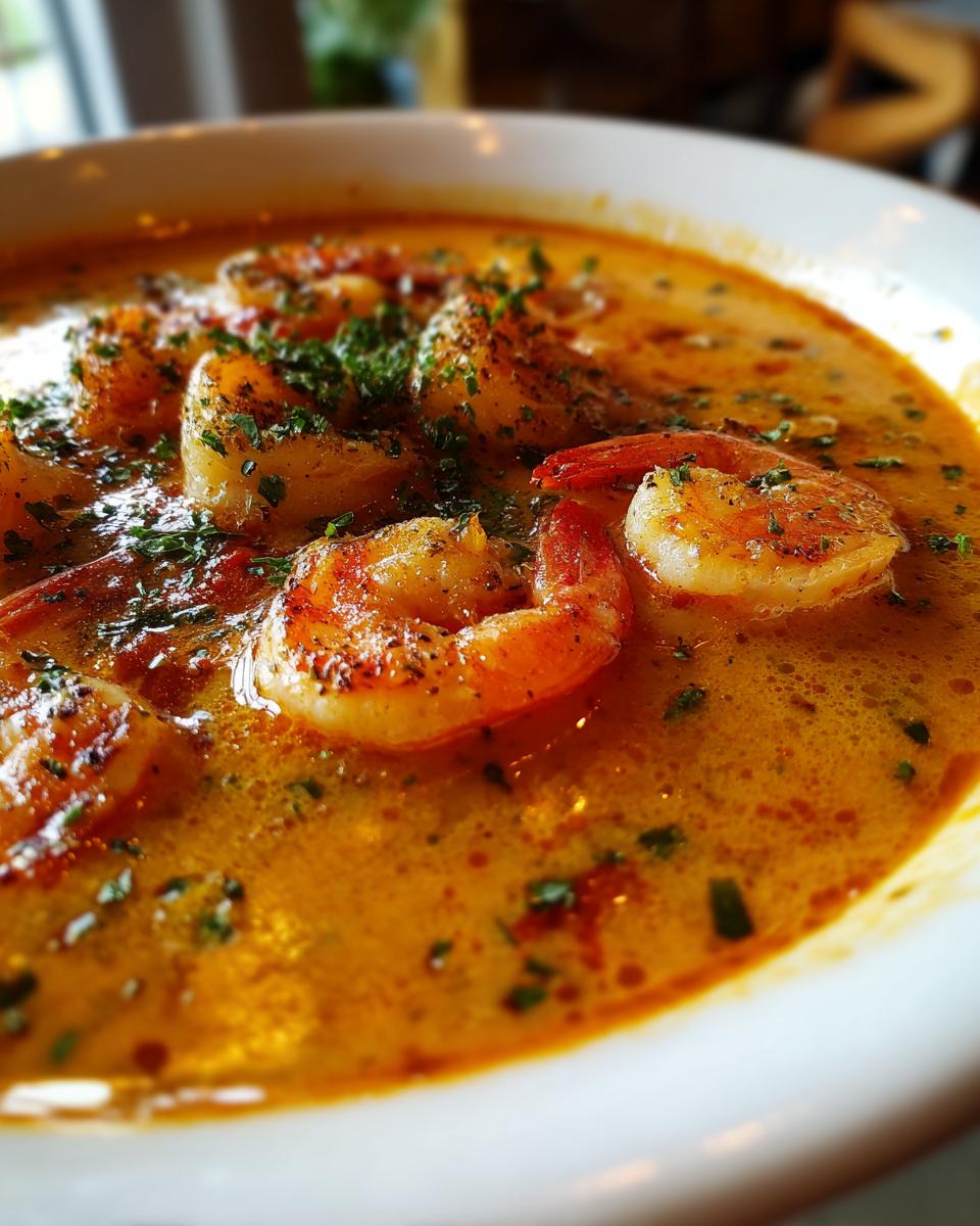 Close-up of a bowl of Seafood Chowder with Shrimp, garnished with herbs.