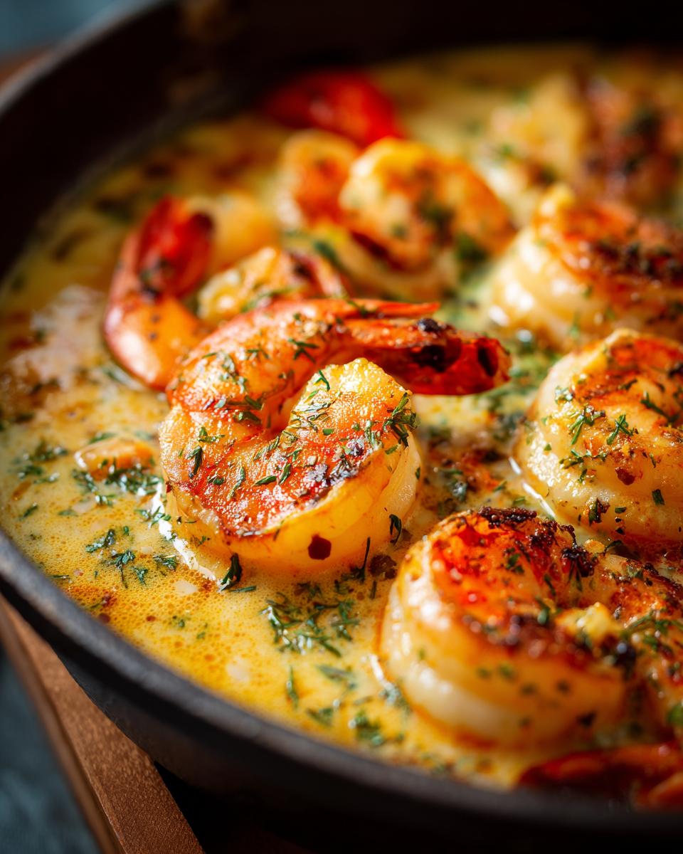 Close-up of cooked shrimp in a creamy seafood chowder, garnished with herbs. Featuring the main ingredient, Seafood Chowder with Shrimp.