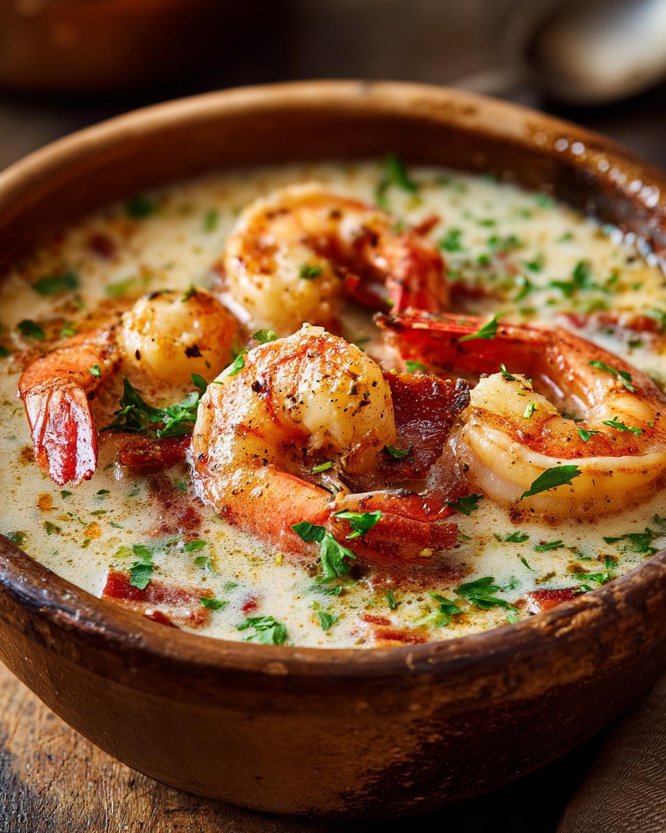 Close-up of Seafood Chowder with Shrimp in a wooden bowl, garnished with parsley.
