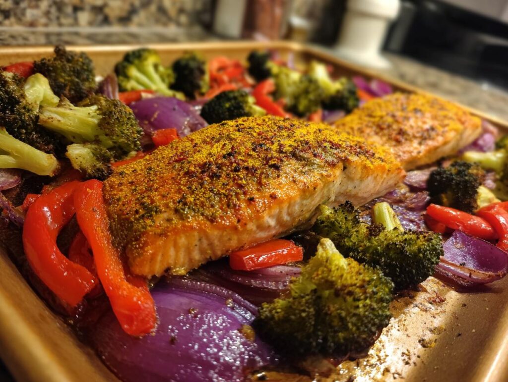Close-up of sheet pan turmeric salmon with broccoli, red peppers, and red onion.