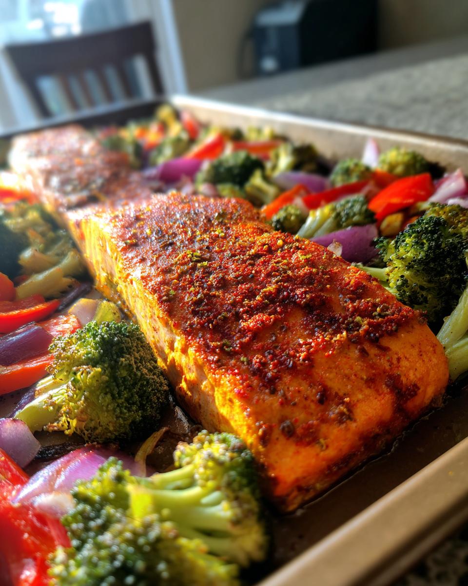Close-up of sheet pan turmeric salmon with broccoli, red onion, and red bell peppers.
