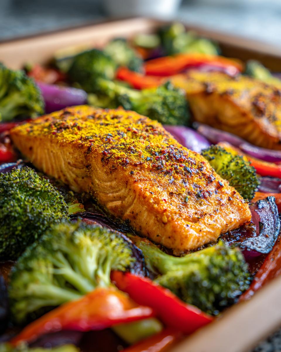 Close-up of sheet pan turmeric salmon with broccoli, red onion, and bell peppers.