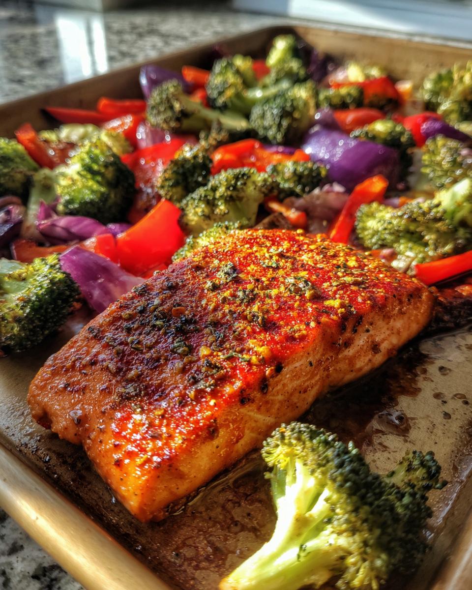 Close-up of sheet pan turmeric salmon with broccoli, red bell peppers, and red onion.