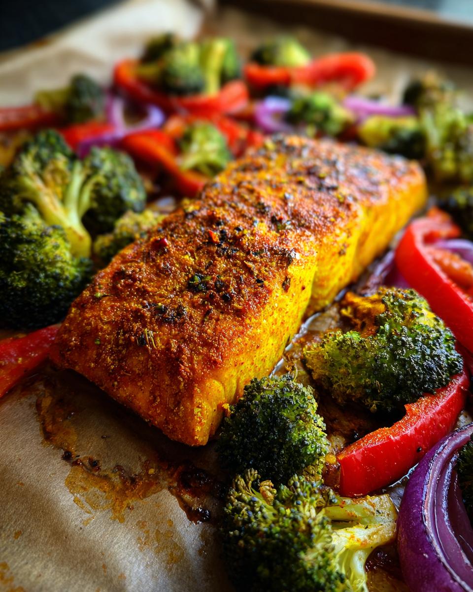 Close-up of Sheet Pan Turmeric Salmon and Veggies with broccoli, red bell pepper, and red onion.