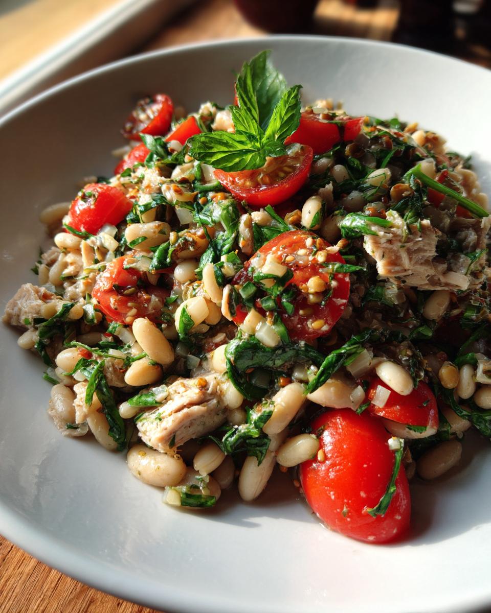 Close-up of a Simple Tuna and White Bean Salad with tomatoes, herbs, and beans.