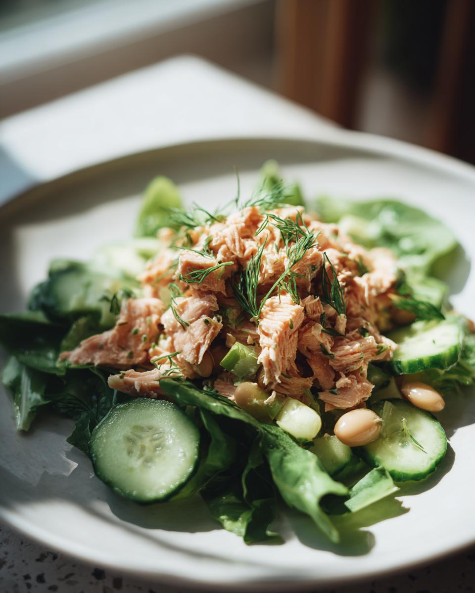 Close-up of a Simple Tuna and White Bean Salad with cucumber, dill, and beans.