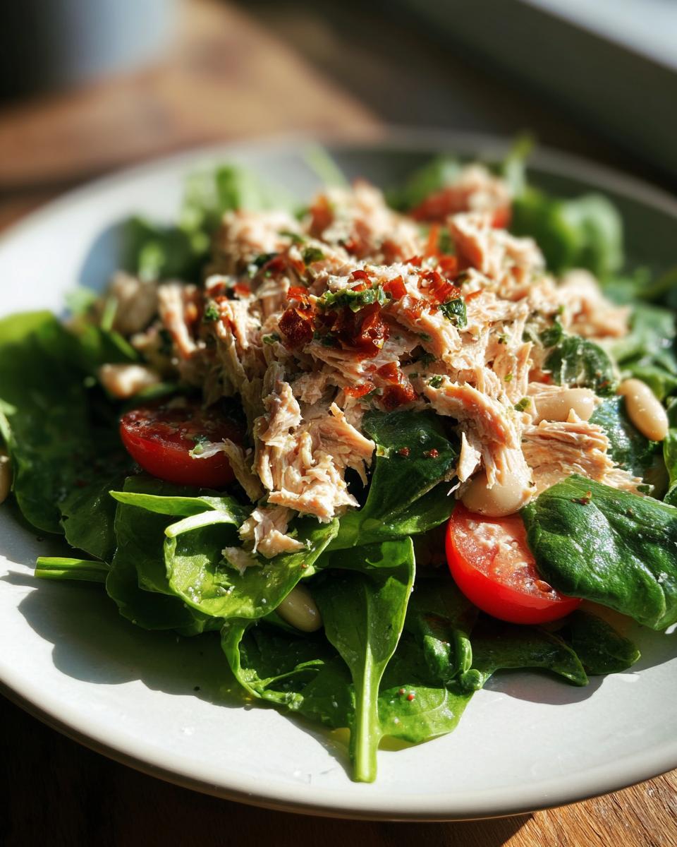 Close-up of a Simple Tuna and White Bean Salad with spinach, tomatoes, and beans.