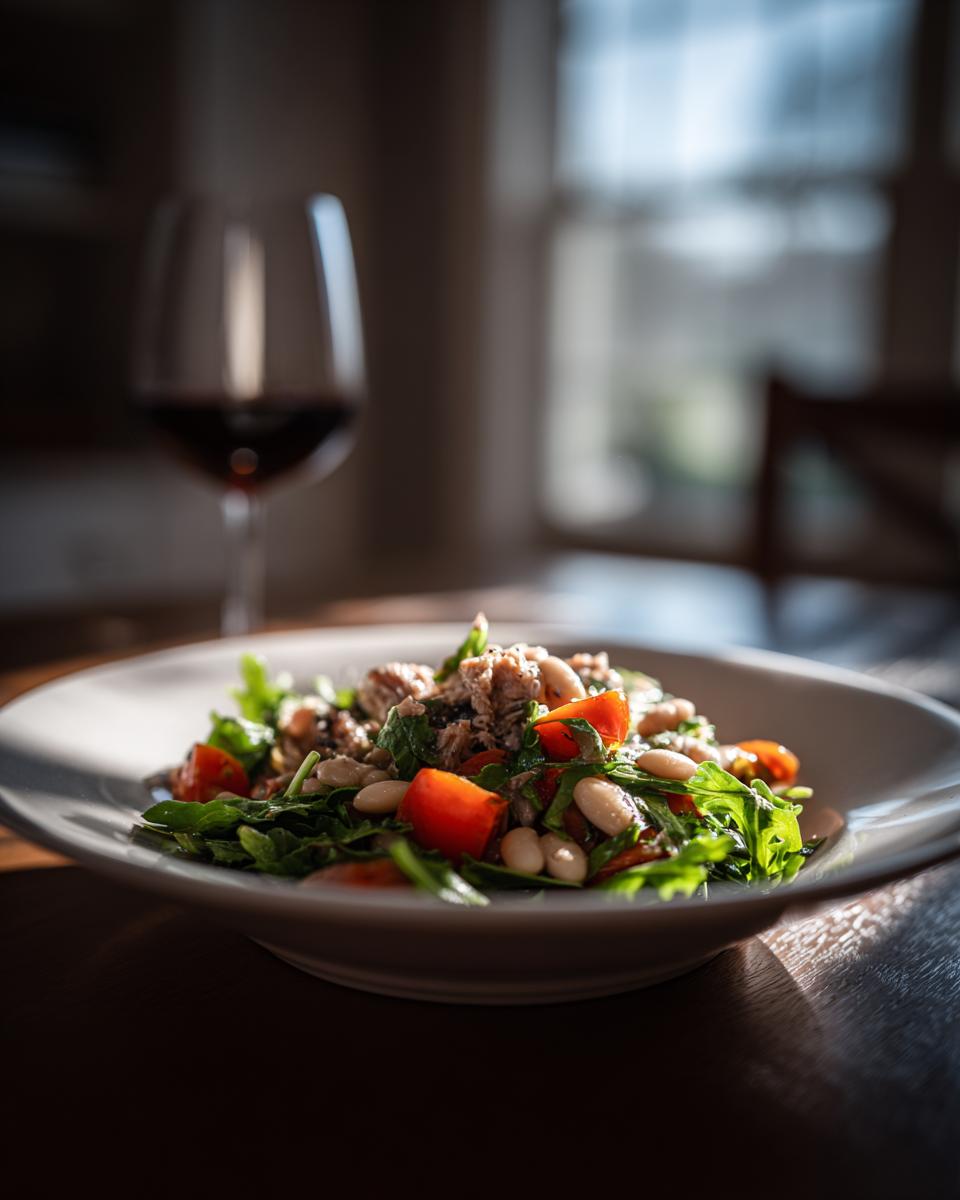 A plate of Simple Tuna and White Bean Salad with tomatoes, beans, and greens, with a glass of red wine in the background.