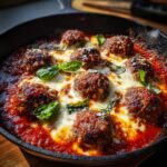Close-up of a Skillet Meatball and Mozzarella Bake in a cast iron skillet, topped with fresh basil.